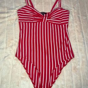 Red and White Striped bodysuit with a bow design